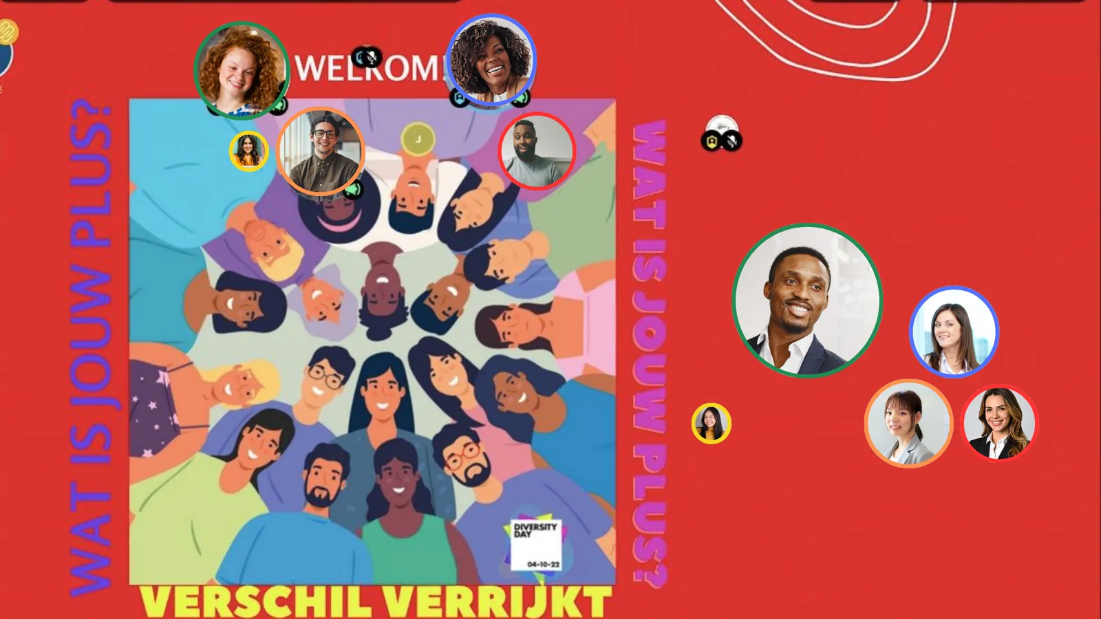 Kleurrijke welkomstruimte voor Diversity Day met de vraag: wat is jouw plus?