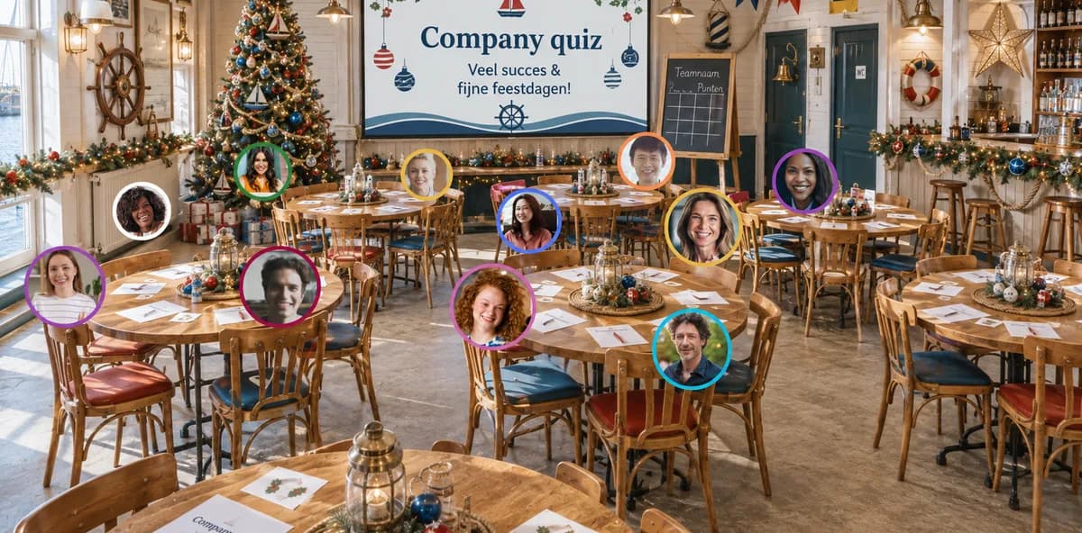 Online bedrijfsfeest met een quiz in een feestelijk aangeklede virtuele bar