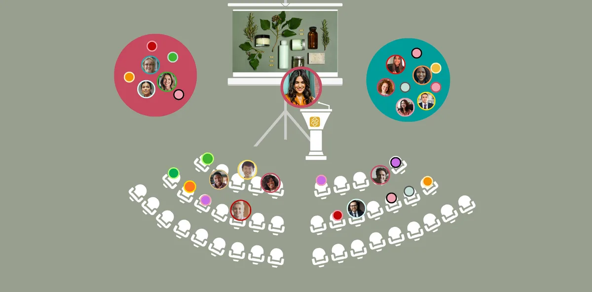 Virtueel auditorium waarin deelnemers reageren op een nieuw product op het scherm