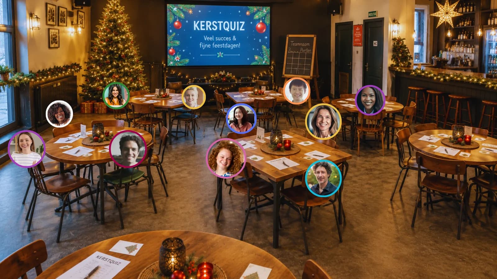 Virtueel kerstcafé met een kerstquiz op het scherm en collega's aan informele tafels