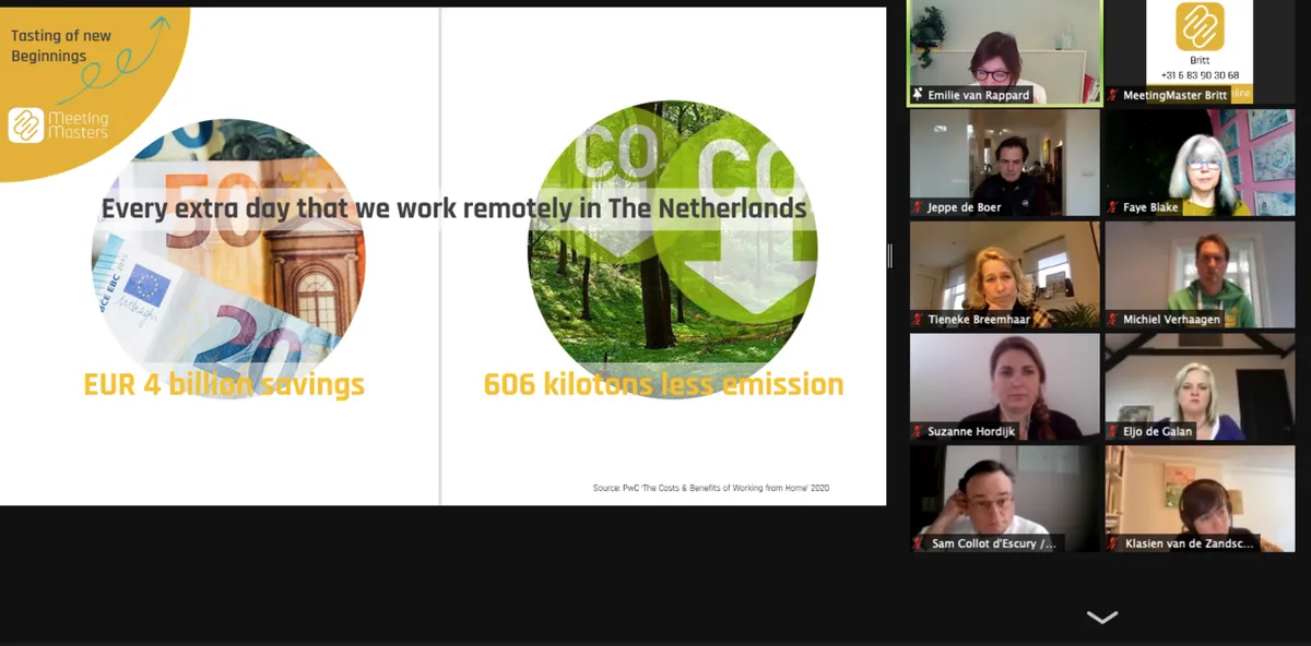 Online sessie met deelnemers in beeld naast cijfers over thuiswerken en CO2-besparing