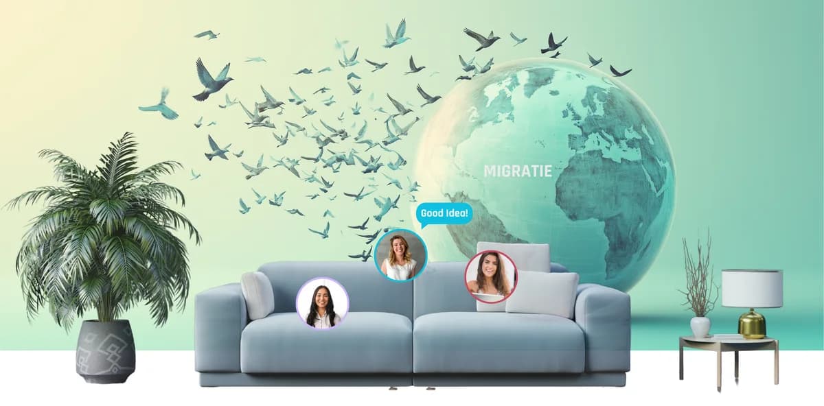 Vogels rond een wereldbol met het thema migratie, als decor voor een online klankbordgroep