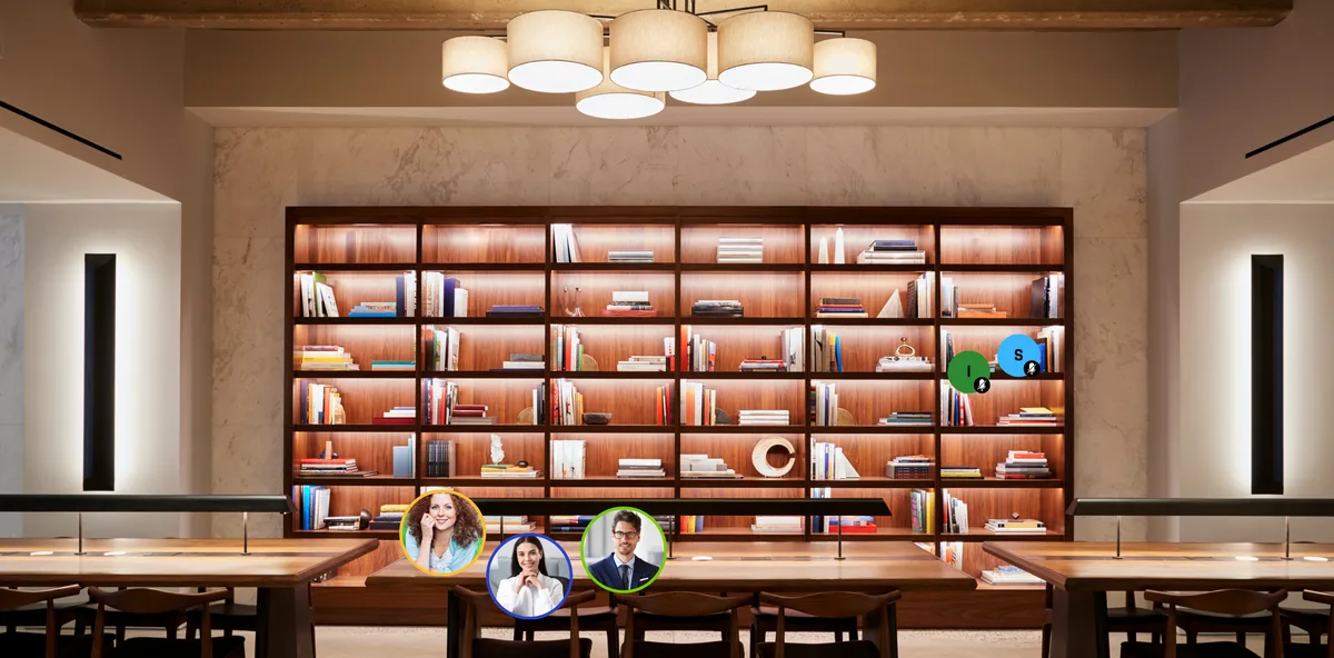 Virtuele bibliotheek met leestafels, waar de onboarding een ervaring wordt in plaats van een pakket