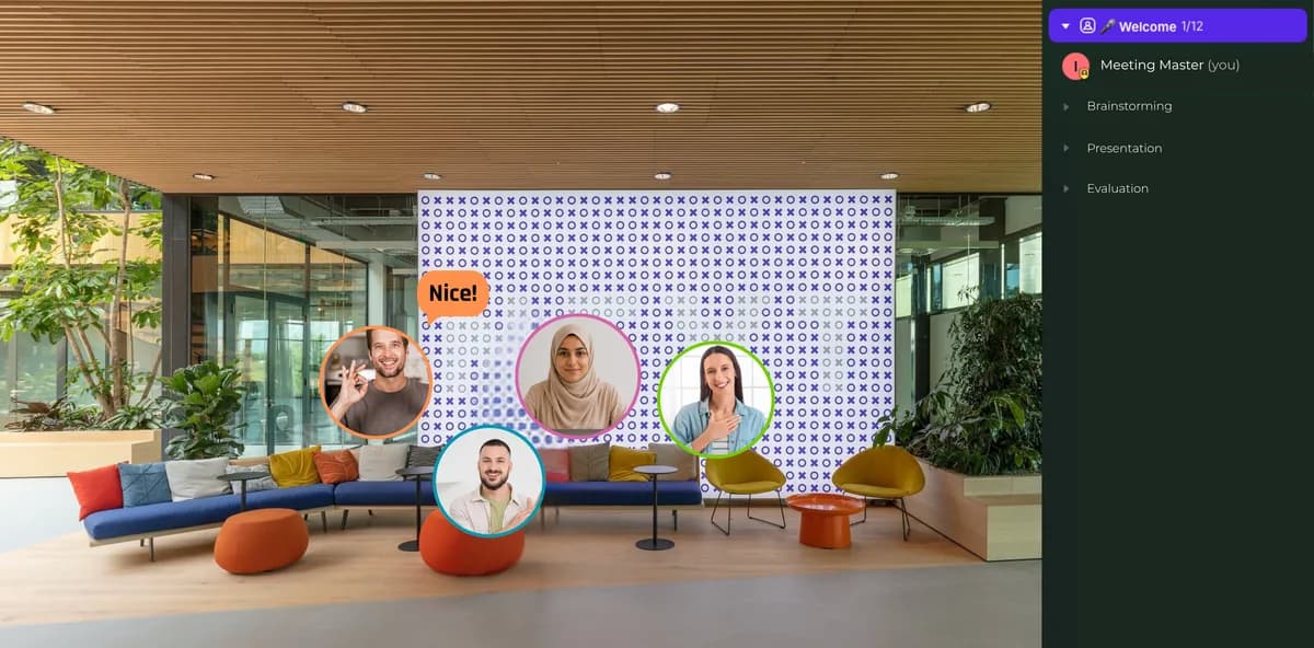 Virtuele lounge met banken waar nieuwe collega's elkaar maandelijks ontmoeten