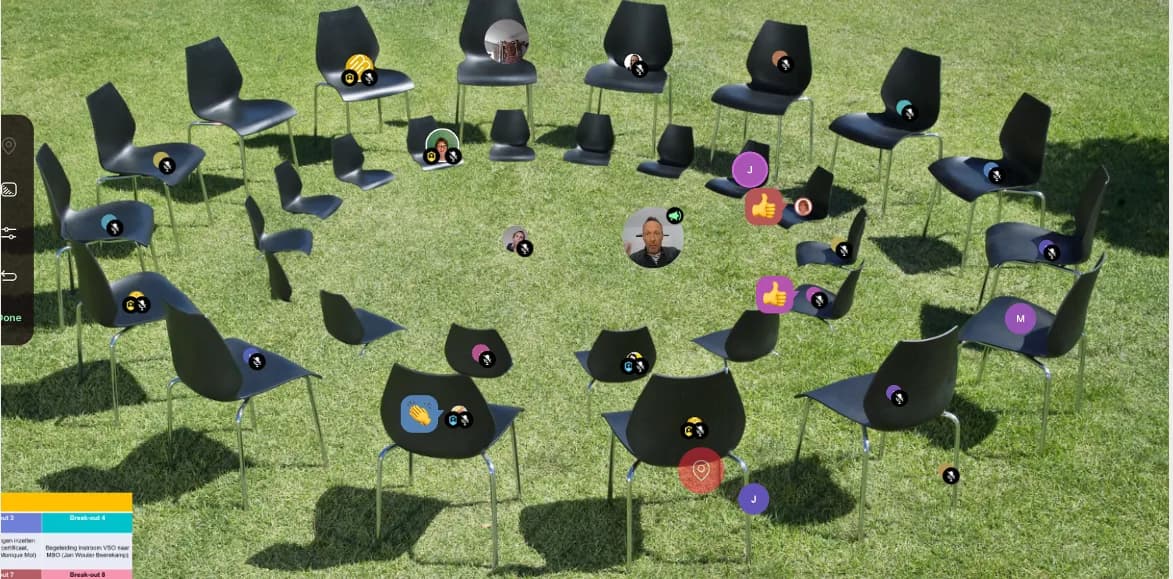 Stoelenkring in het gras waarin deelnemers zelf kiezen bij welk gesprek zij aanschuiven