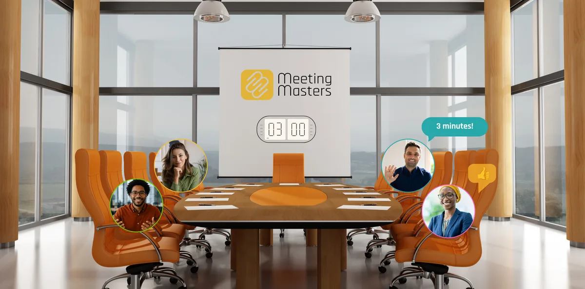 Virtuele vergaderzaal met een timer op drie minuten tijdens een korte teamopdracht