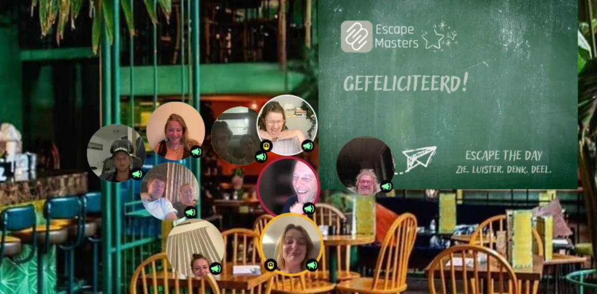 Eindscherm van een online escape room met de felicitatie voor het team