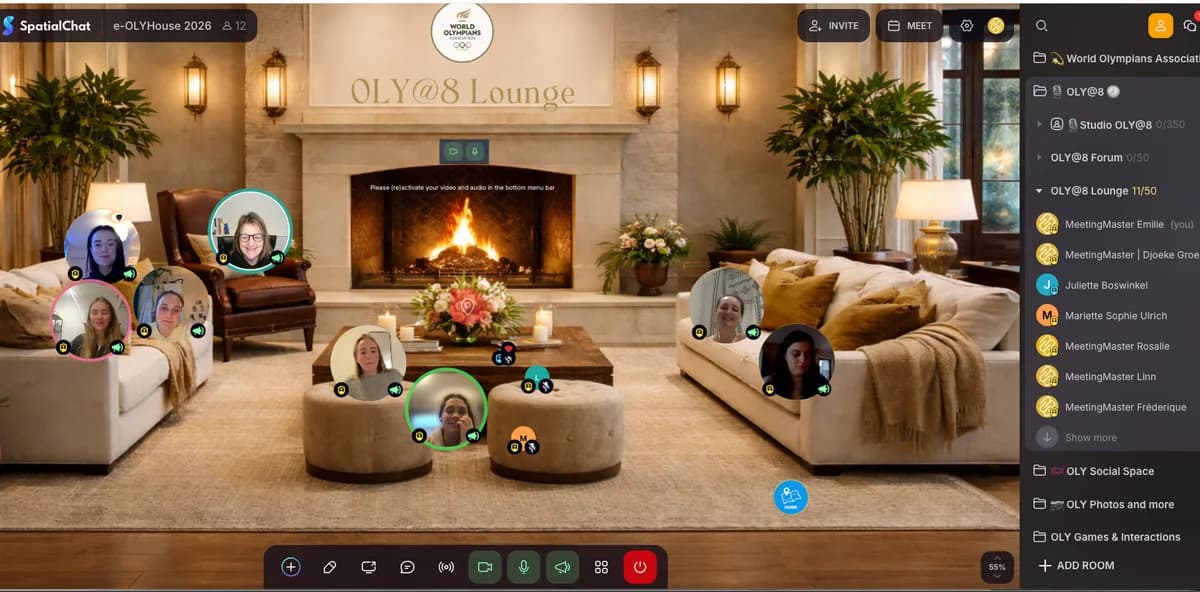 Virtuele lounge bij de haard, waar deelnemers na het webinar met elkaar doorpraten