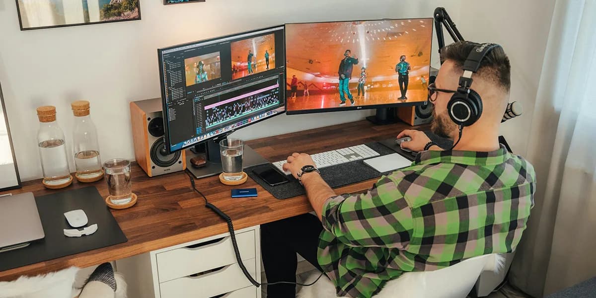 Person at a desk with a computer and a dog — for an article on gamers and being together online