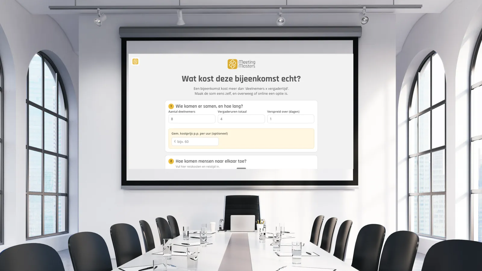 An empty meeting room with the meeting cost calculator on the projection screen