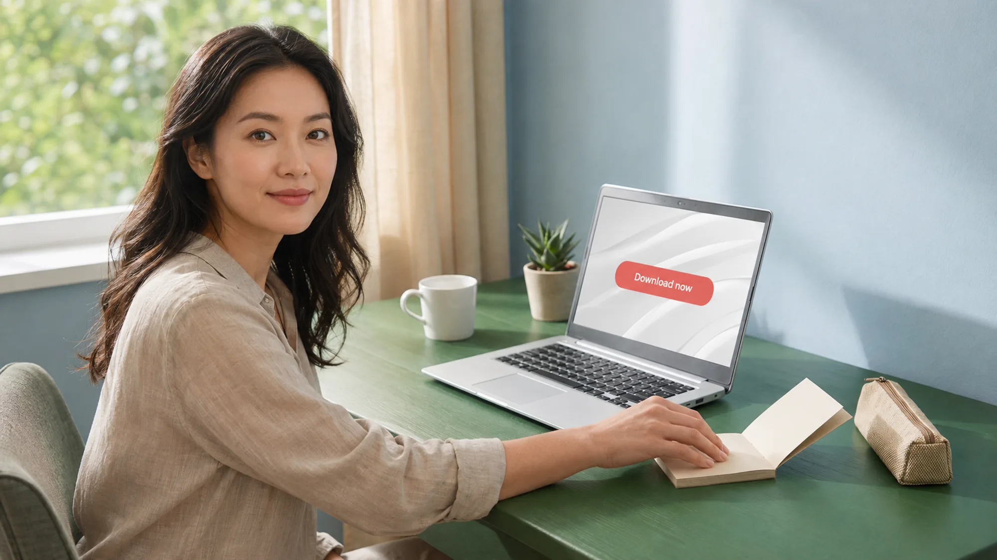 Iemand aan een bureau met een laptop waarop een downloadknop staat