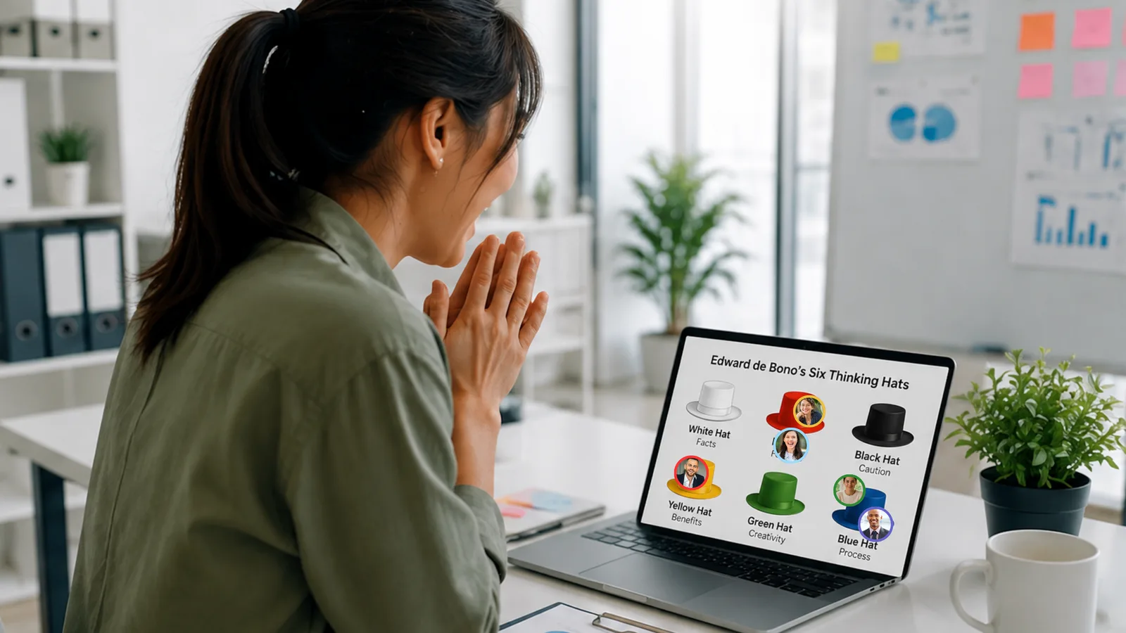 Online brainstorm in which participants gather ideas around De Bono's six thinking hats