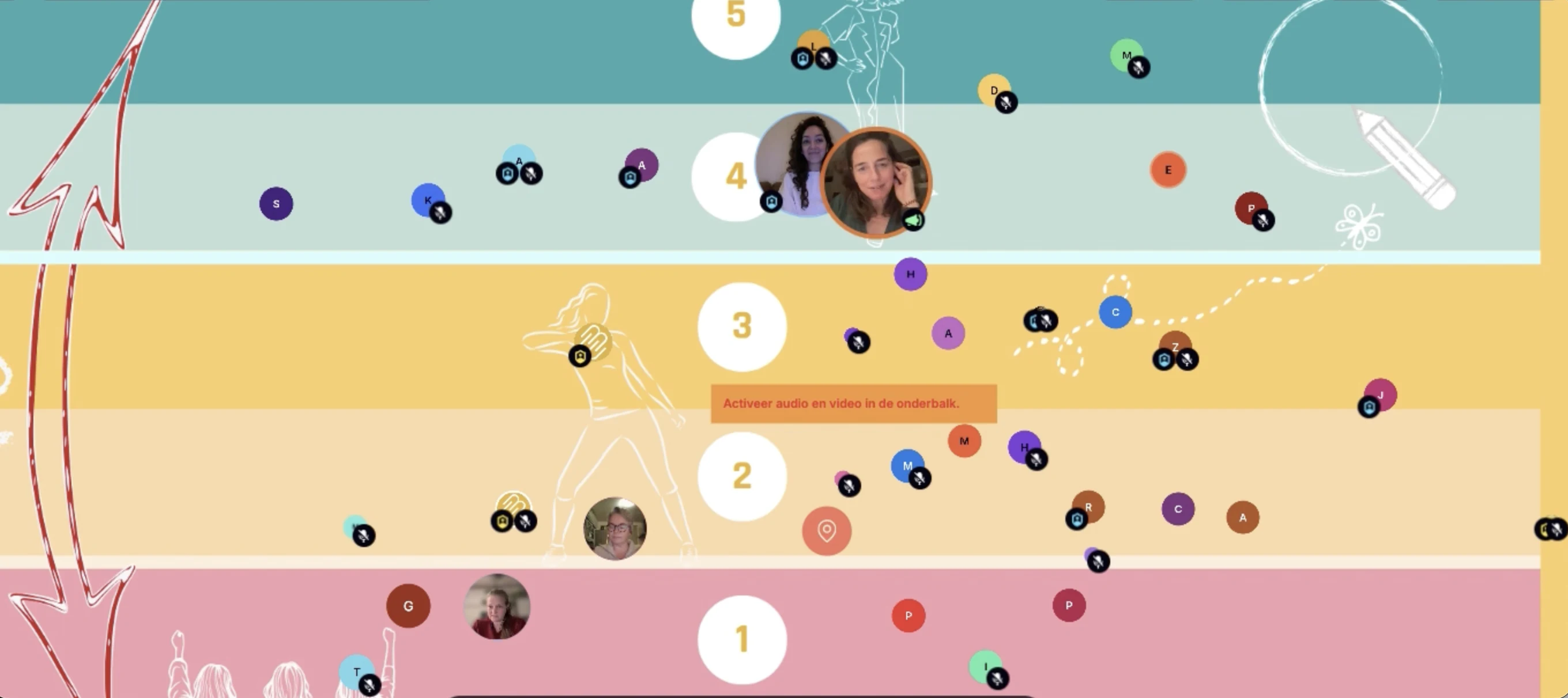 Interactive online event in SpatialChat, with participants spread across a storyline on several levels