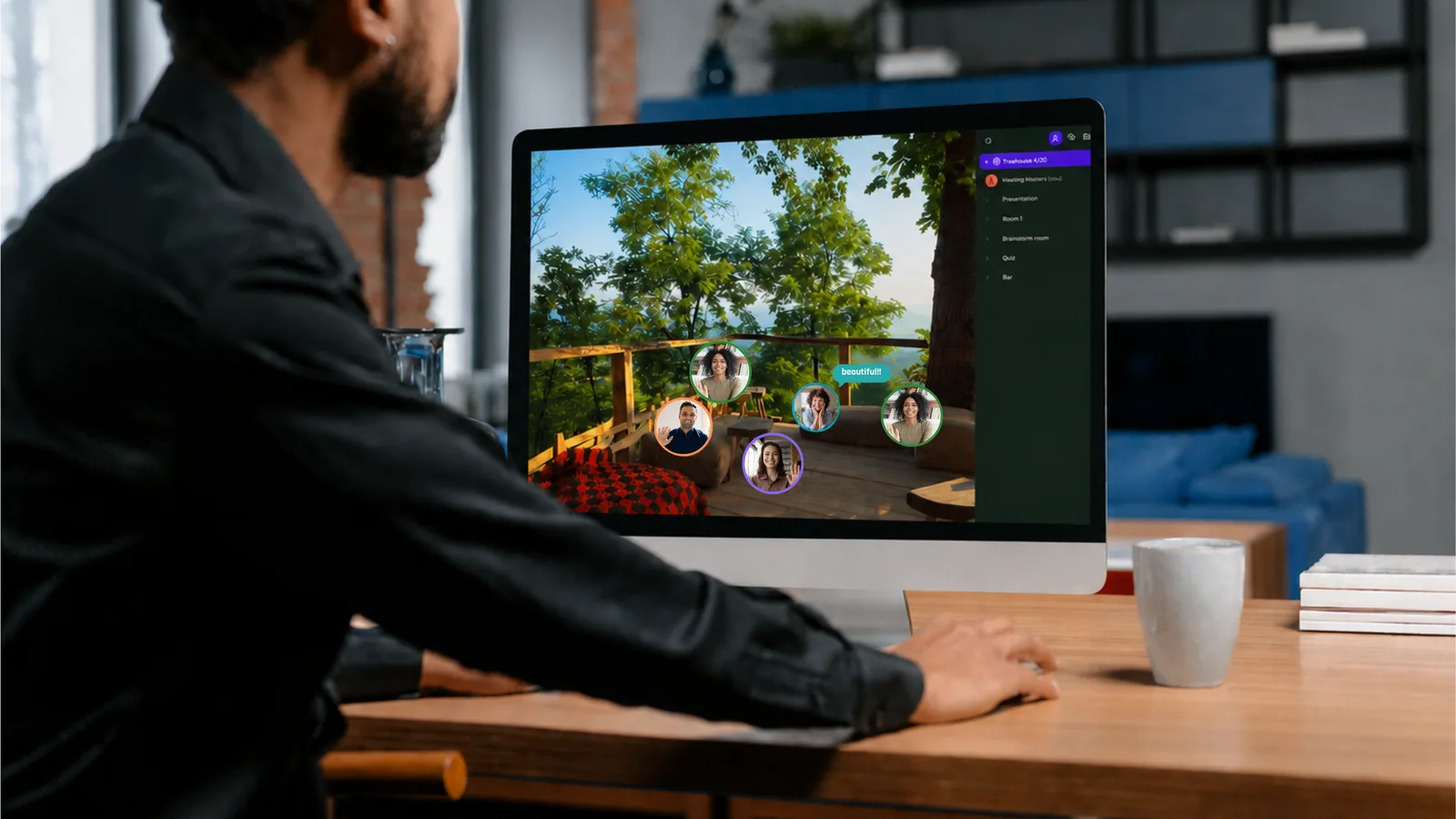 Online teambuilding in een virtuele boomhut, waar deelnemers elkaar buiten de werkcontext ontmoeten