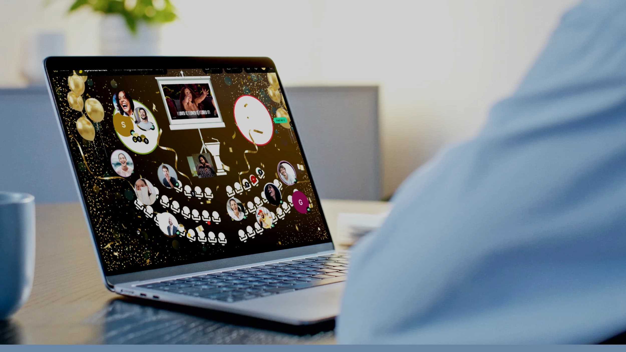 A group playing a short online game during a meeting