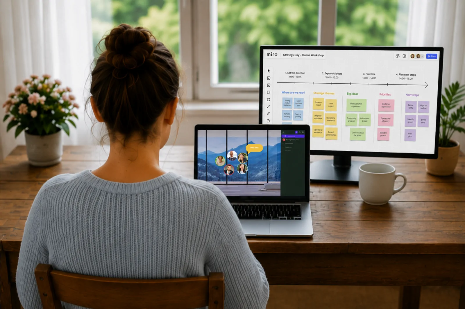 Online strategiedag: deelnemer werkt in een Miro-workshopboard en een SpatialChat-sessie met collega's — begeleid door MeetingMasters