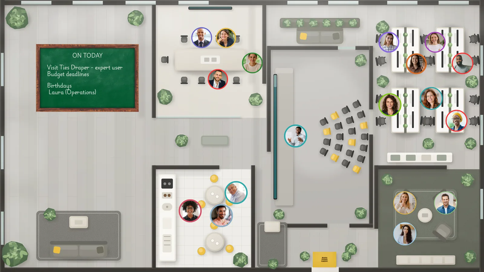Floor plan of a bespoke virtual office, filled with a team working in it — meeting room, workspaces, lounge and an 'on today' board