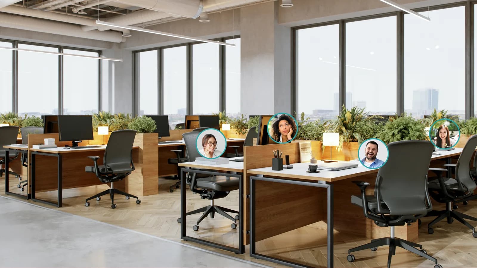 A light, ready-to-use virtual office in SpatialChat with workspaces and a view over the city