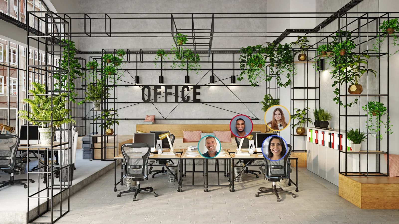 A virtual meeting room in SpatialChat — a green, industrial office space where a small group comes together