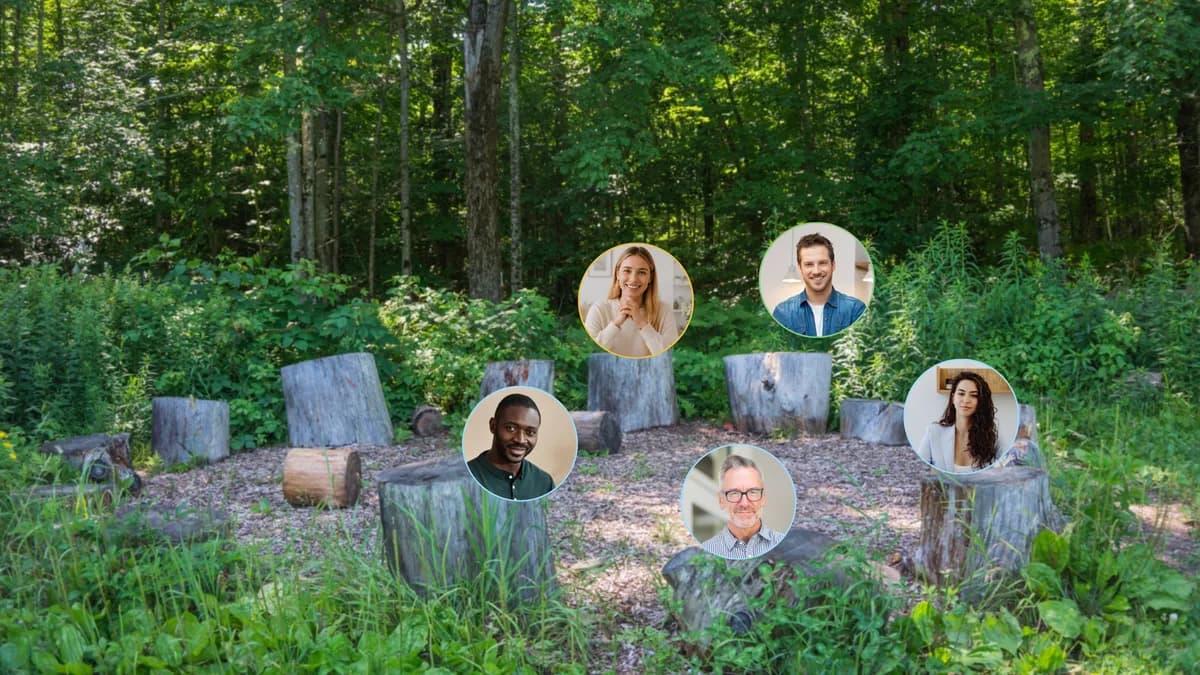 Virtuele boskring met boomstronken in het groen