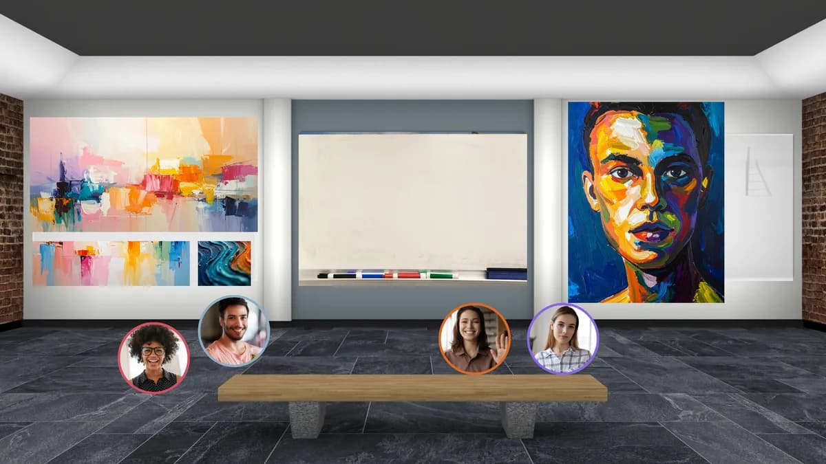 Virtuele galerie met kleurrijke kunst en een whiteboard