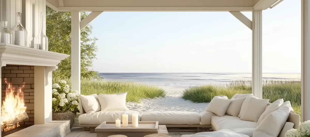 Virtueel strandhuis met open haard en uitzicht op zee