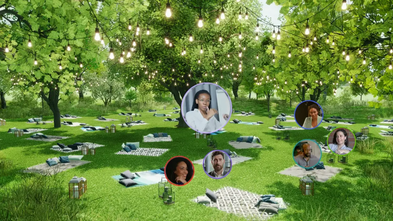 Participants at an online event in an atmospheric virtual garden with video participants, MeetingMasters Events on SpatialChat