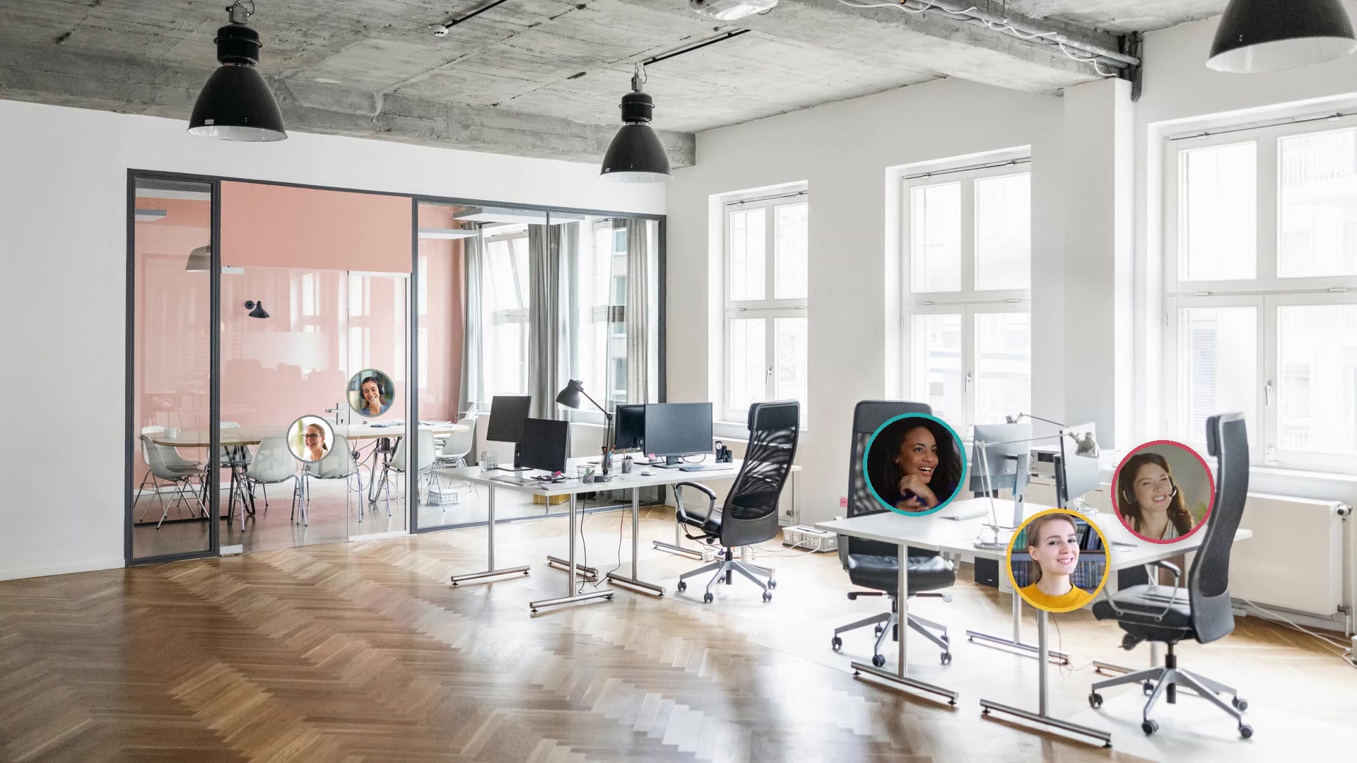 Virtueel kantoor in SpatialChat — een lichte, open kantooromgeving met teamleden die via videocirkels aanwezig zijn